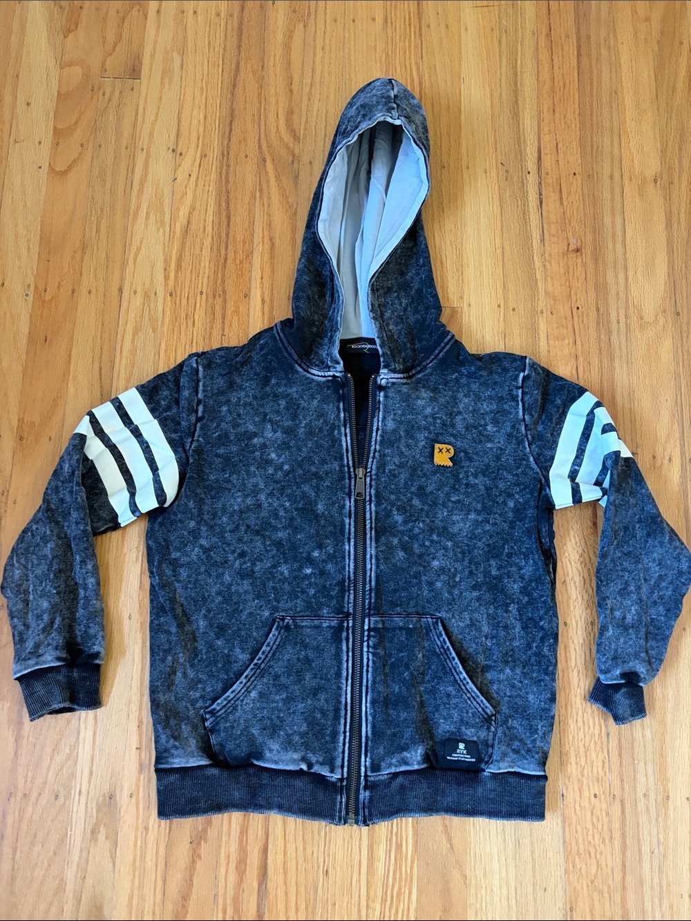 Rock Your Kid Acid Washed Black Zip Hoodie with White Sleeve Stripes